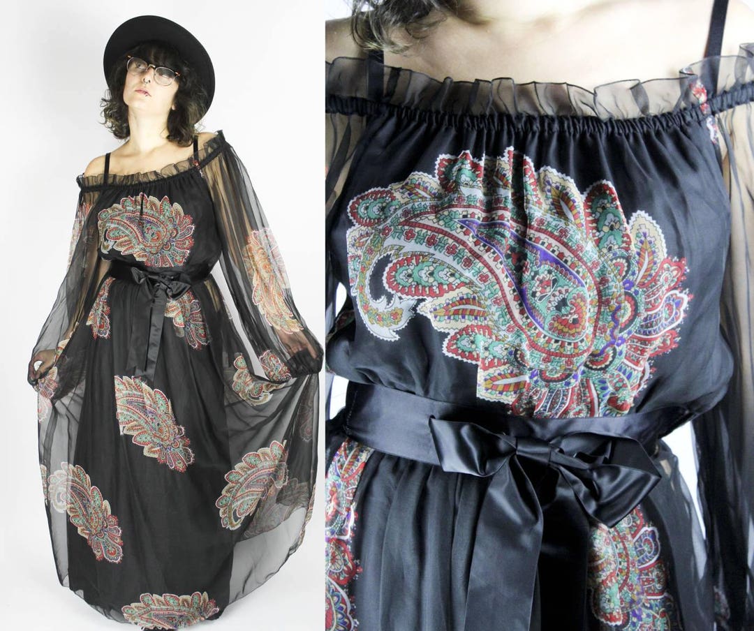 Vintage Black Maxi Dress PAISLEY Print Size S, 70s Floral Pattern ...