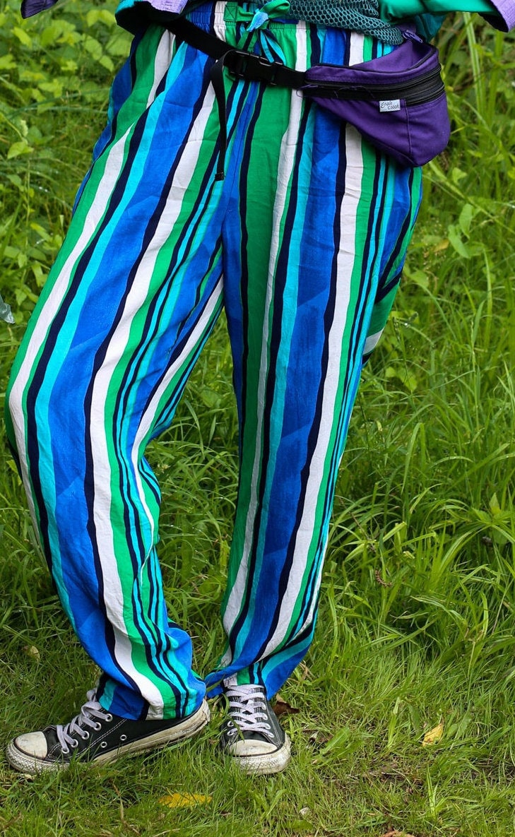 Vintage Colorful Striped Pants L Wide Pants With Stripes Summer Hippie Boho Trousers Culotte Harem Wide Leg