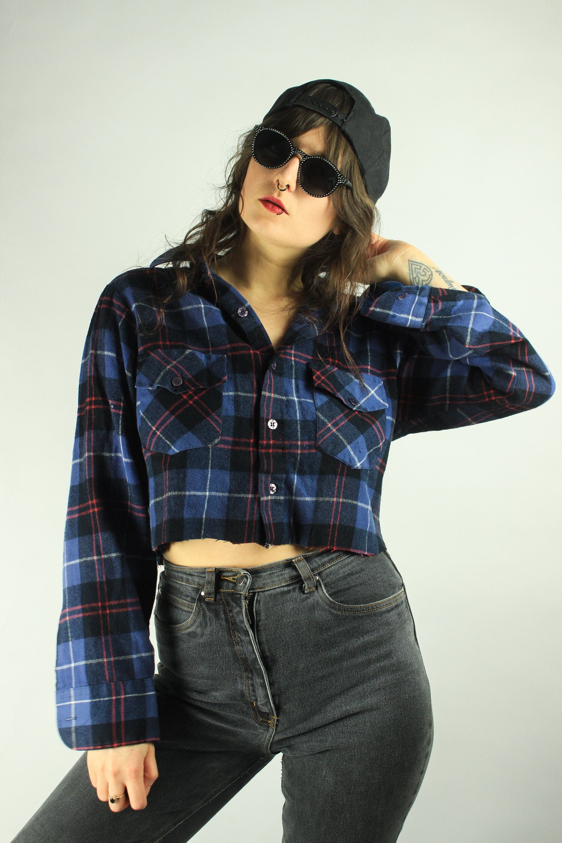 RENEWED VINTAGE Blue Plaid Flannel Crop 