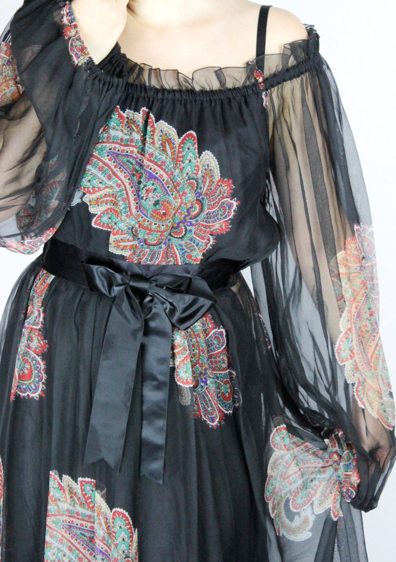 S Floral Pattern Chiffon Bow Transparent Sheer Hippie Boho Folk Festival Gypsy Colorful Print Dress Black Vintage 70s Maxi Dress PAISLEY