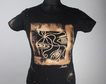 SHTTYFCKY Bleached Handpainted Shirt XS, Abstract Art Eyes Design, Acid Washed Tee Black Orange, Lost Print, Unique Fashion