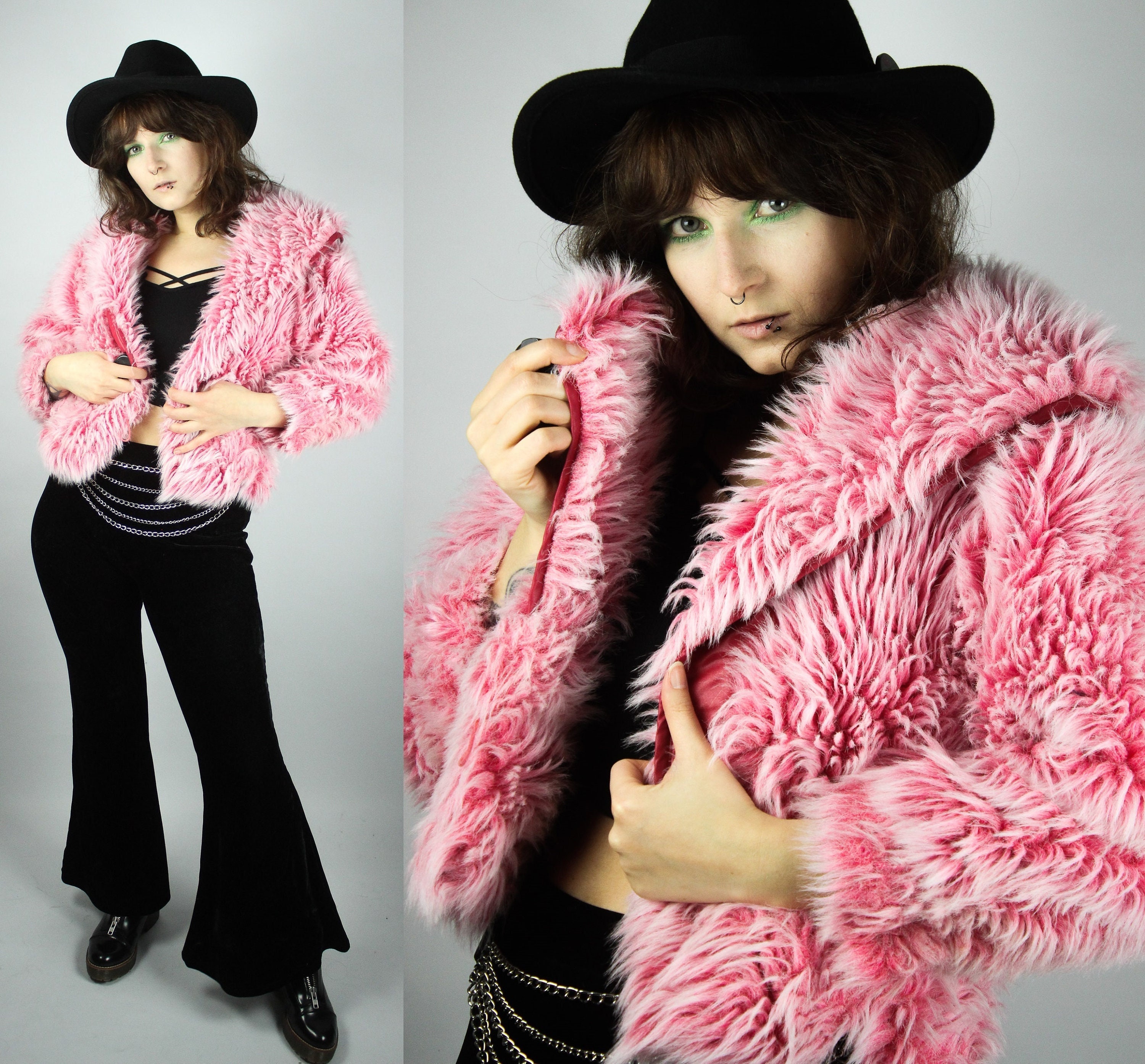 Vintage Pink Fake Fur Jacket XS, Pink Fluffy Fake Fur Jacket