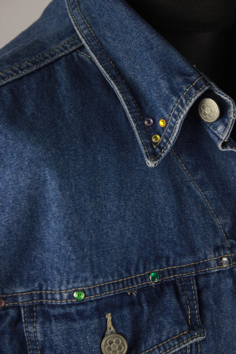 Vintage Denim Jacket Colorful Rhinestones, Embellished Blue Denim Jacket Rivets, 80s 90s image 3