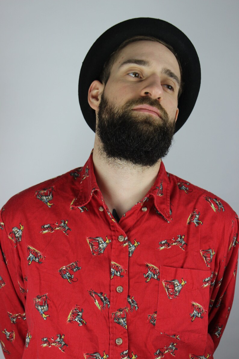 Vintage Red Blouse Western Cowboy Rodeo Shirt Colorful Horses Horseman Pattern Unisex Cute Grunge Alternative Mod Hippie Summer 80s 90s