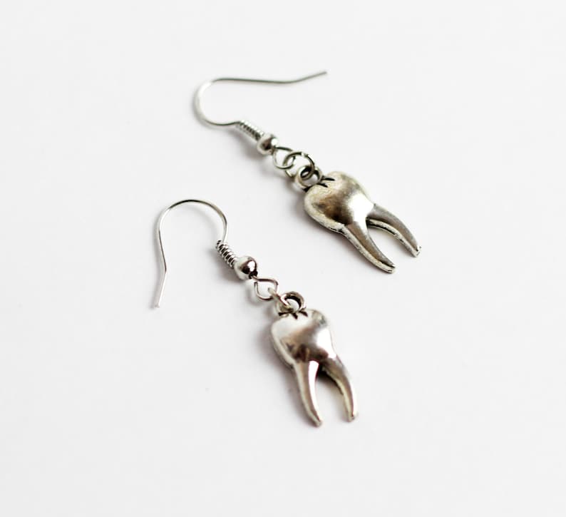 Silver Tooth Earrings, Unique Jewelry, Teeth Jewellery, Alternative Grunge Punk Hippie Gothic, Creepy Design image 3