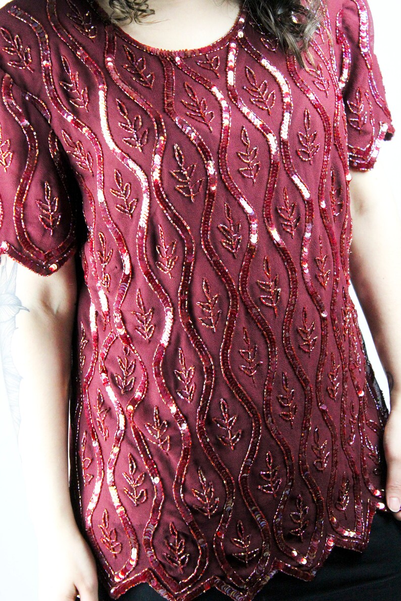 Vintage SEQUIN BLOUSE Bordeaux Dark Red Size L Shirt Sequins Glamour Glitter Shimmer Party Disco Shiny Chic Gothic Grunge 70s Alternative