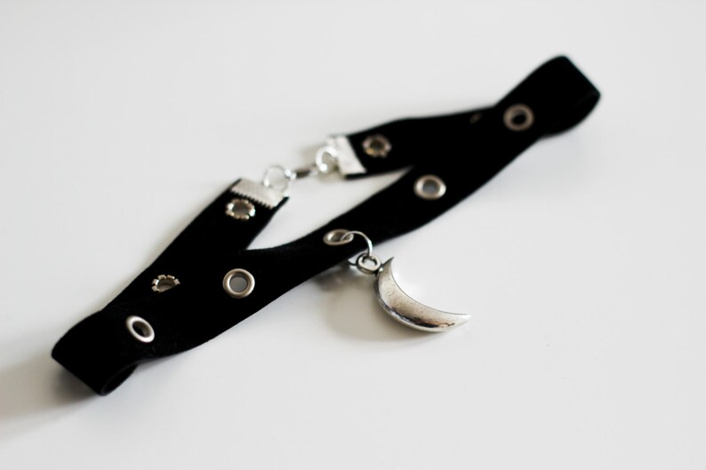 Handmade Black Velvet CHOKER Moon Silver Eyelets Necklace Punk Grunge Goth Gothic Alternative Shittyfucky