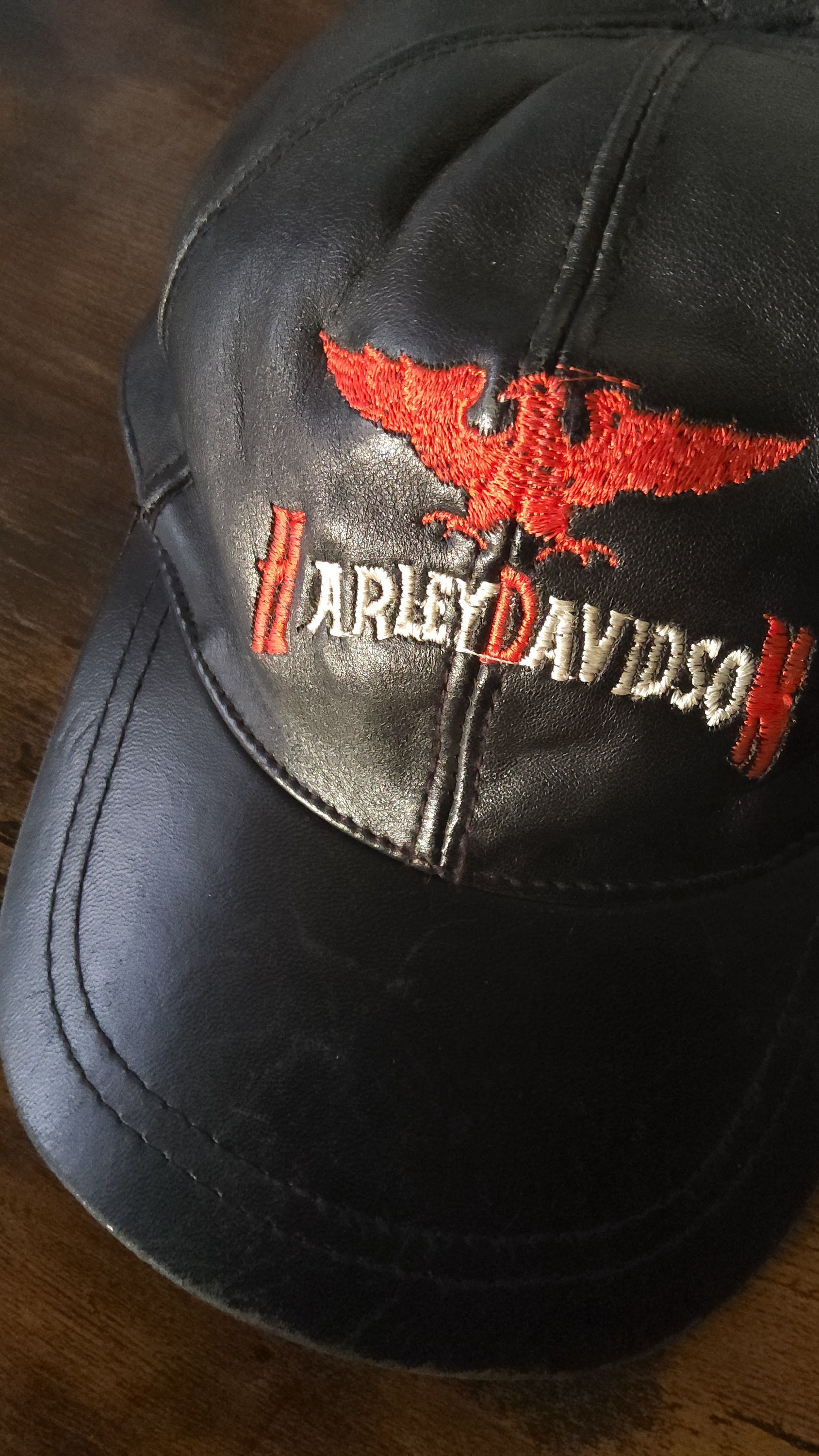 Vintage HARLEY DAVIDSON Cap, Black Leather Biker Hat, Embroidery