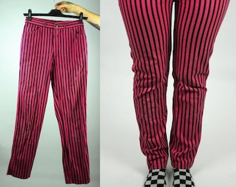 Vintage Black Pink Striped Pants S, Highwaisted Colorful Vintage Black Pink Striped Pants S, Highwaisted Colorful