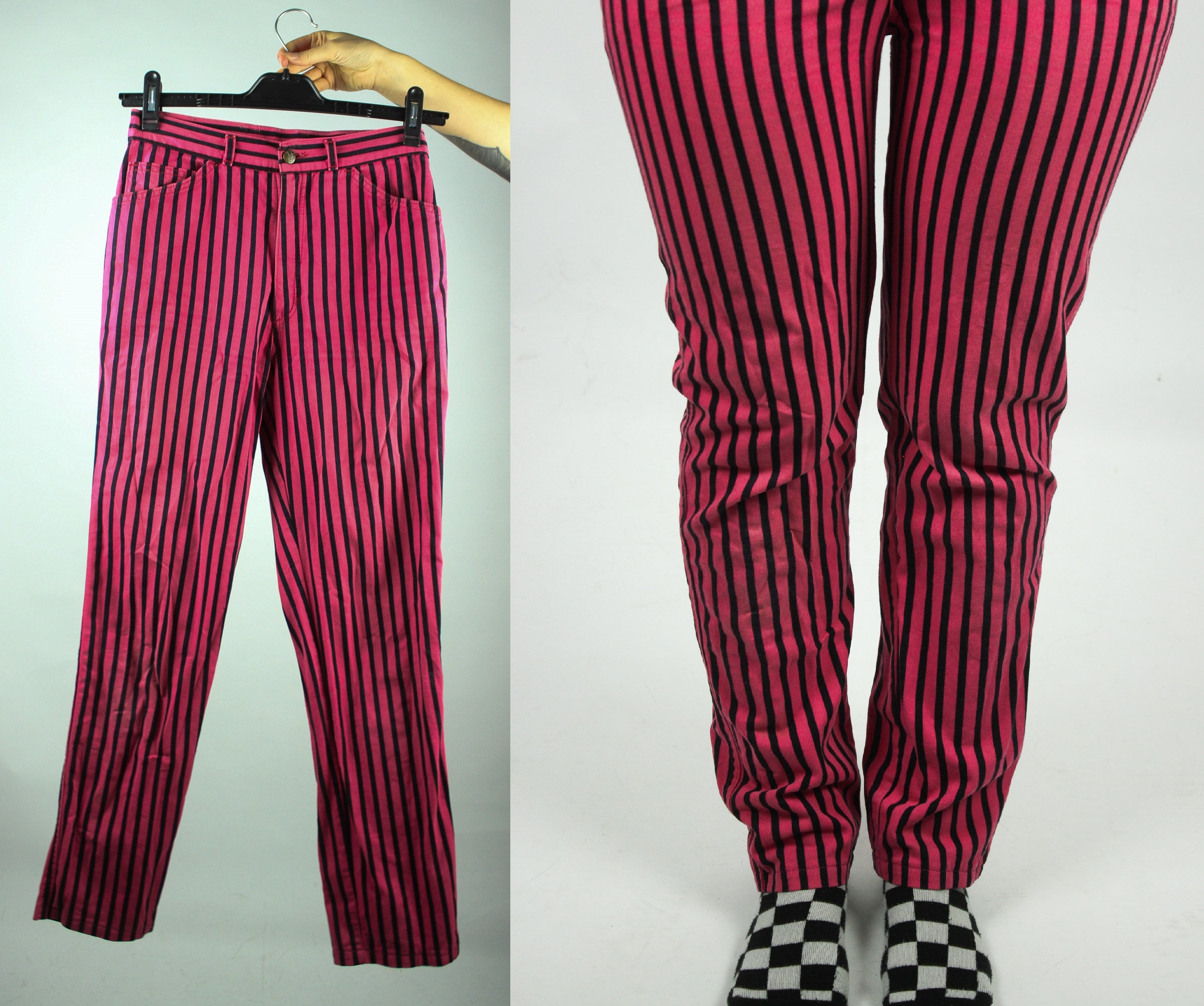 Black and White Vertical Striped Pants Mens, Vintage Vertical
