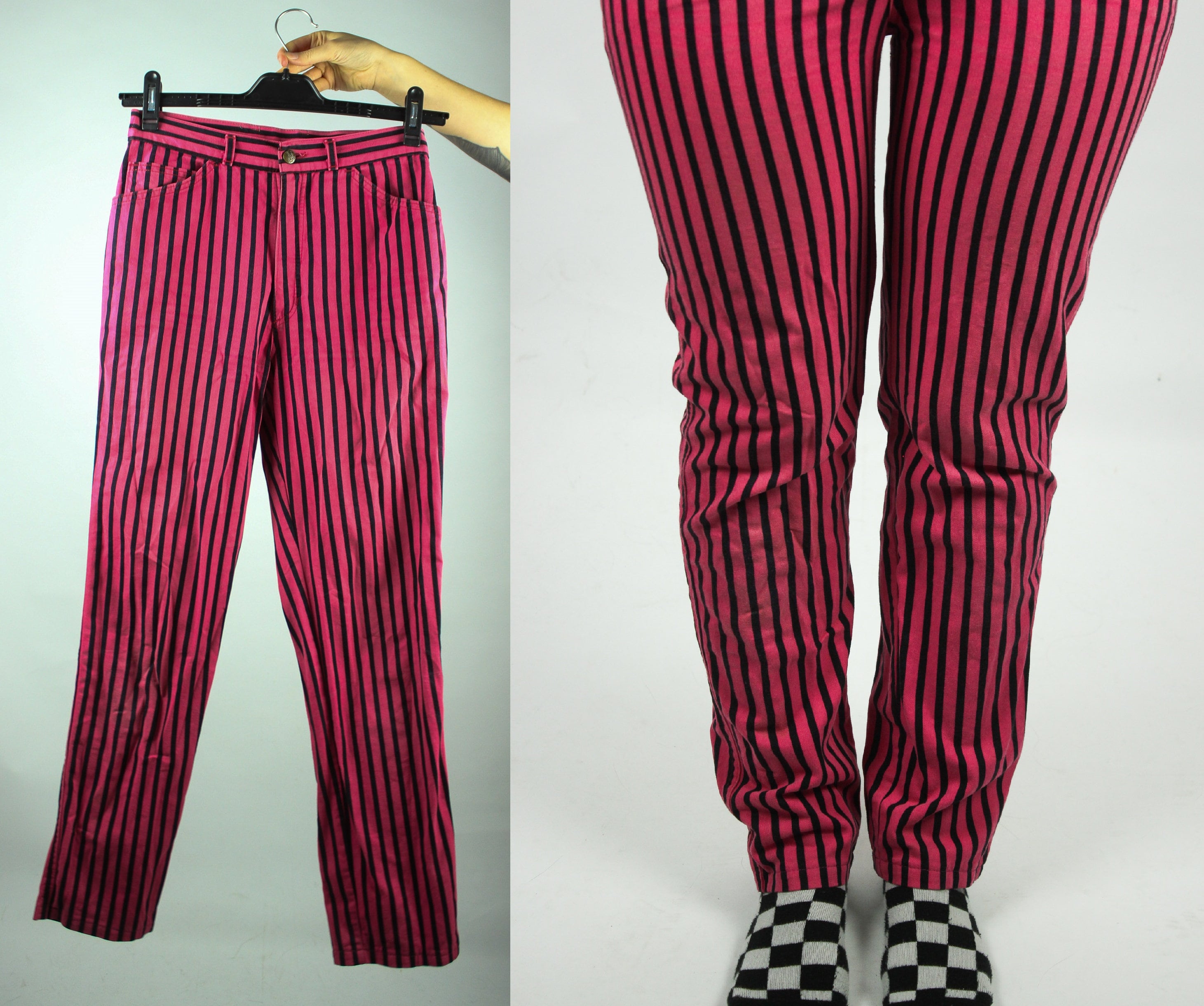 Vintage Black Pink Striped Pants S, Highwaisted Colorful Vintage Black Pink Striped Pants S, Highwaisted Colorful