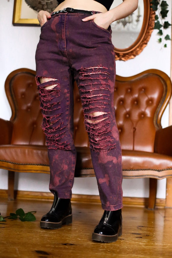 UPCYCLED VINTAGE Purple Pink Distressed Jeans L/XL, Bleached Dyed