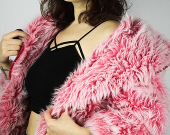 Vintage Pink Fake Fur Jacket XS, Pink Fluffy Fake Fur Jacket