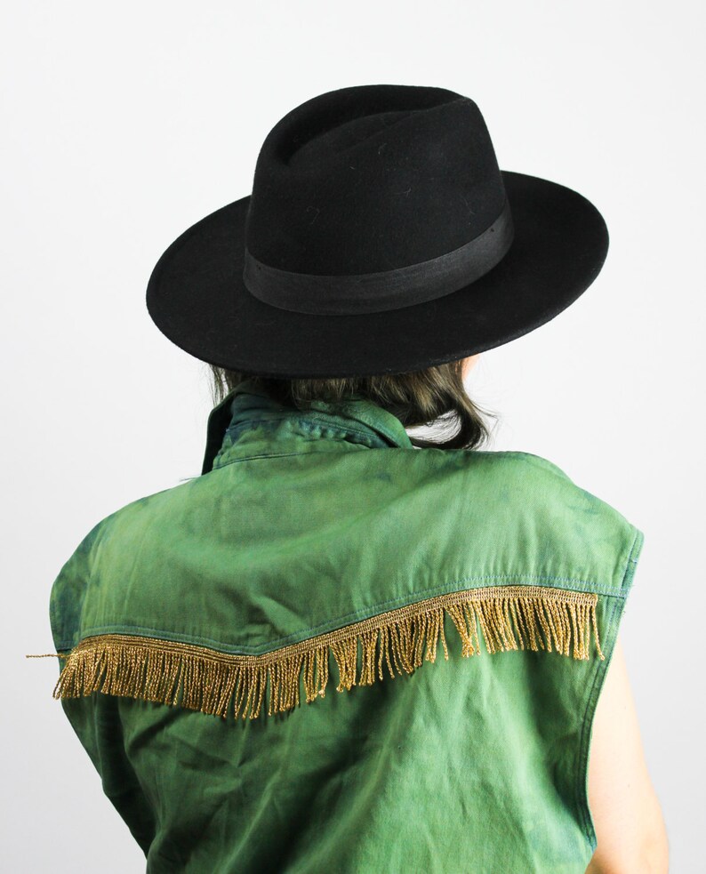 SML RENEWED VINTAGE Denim Vest All Eyes On Me Green Dyed Acid Washed Gold Fringe Oversize Grunge Punk Alternative Unique