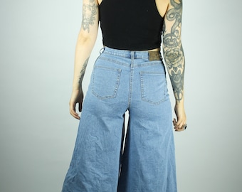Jupe-culotte large vintage S, pantalon en denim taille haute bleu