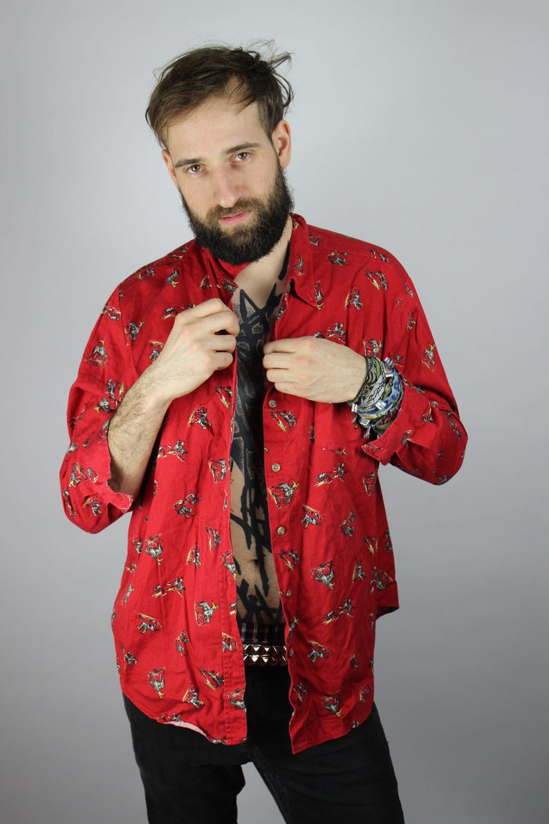 Vintage Red Blouse Western Cowboy Rodeo Shirt Colorful Horses Horseman Pattern Unisex Cute Grunge Alternative Mod Hippie Summer 80s 90s
