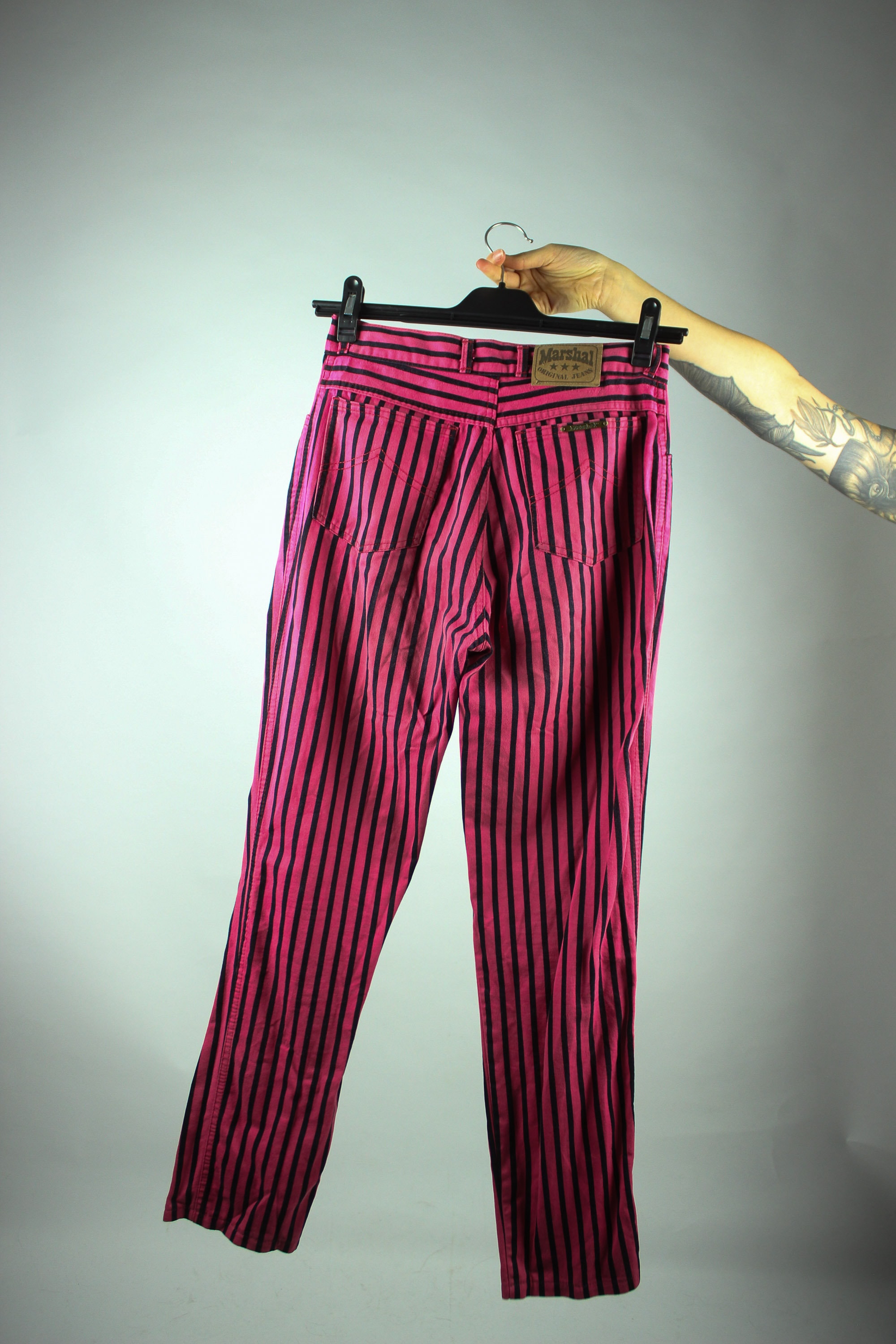 Vintage Black Pink Striped Pants S, Highwaisted Colorful Vintage Black Pink Striped Pants S, Highwaisted Colorful