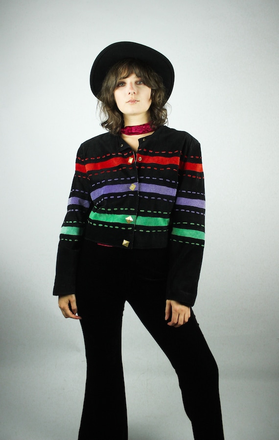 Vintage Black Leatherjacket Colorful Stripes Size S/M, Extavagant 80s Patchwork Suede Jacket, Colorful Fancy Jacket Rainbow, Crop Style