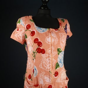 Vintage Rena Lange Towel Dress, Cherries Floral Pattern, 60s 70s Pin Up Beach Wear, Terry Cloth image 2