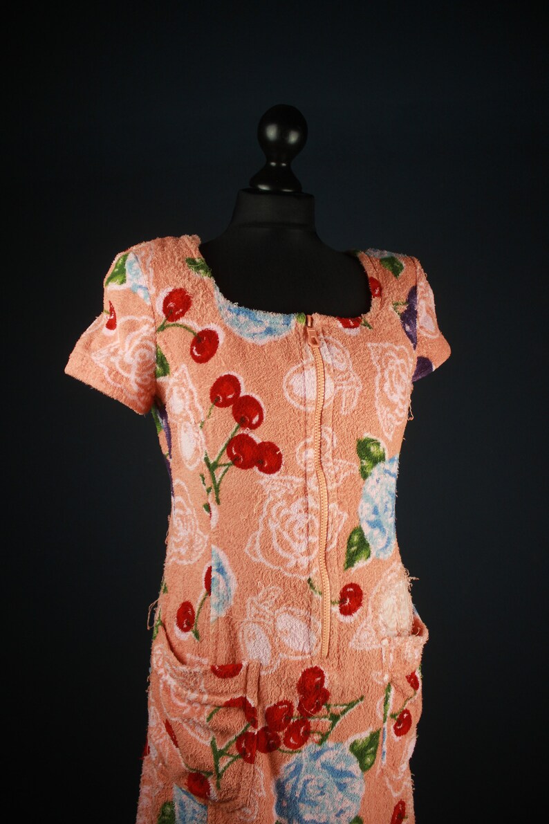 Vintage Rena Lange Towel Dress, Cherries Floral Pattern, 60s 70s Pin Up Beach Wear, Terry Cloth image 2