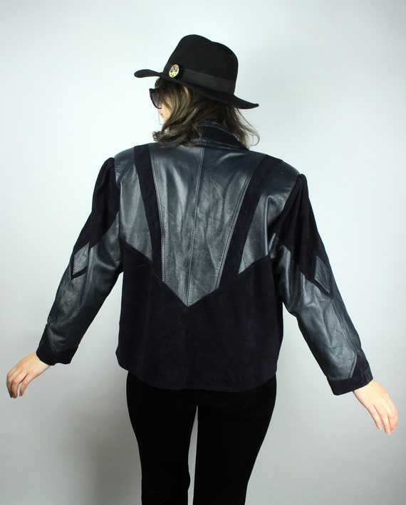 Vintage Darkblue Patchwork Leatherjacket, Dark 80… - image 4