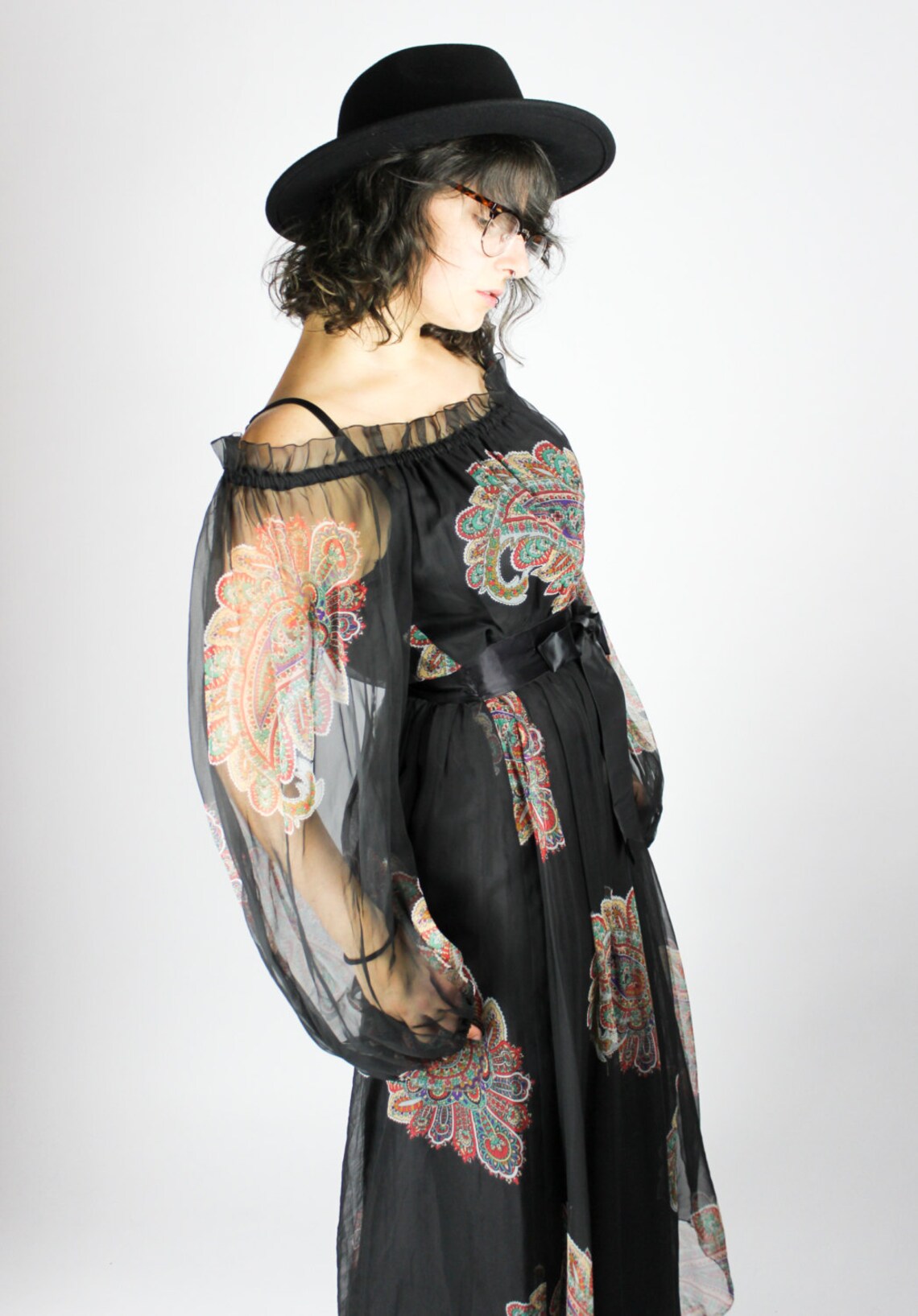 Vintage Black Maxi Dress PAISLEY Print Size S 70s Floral - Etsy