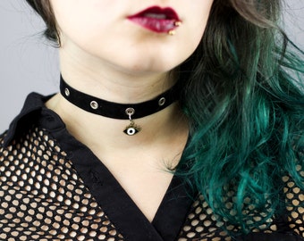 Handmade Velvet“ALLSEEING EYE” CHOKER, Black with Silver Rivets, Punk Grunge Goth Alternative Shittyfucky
