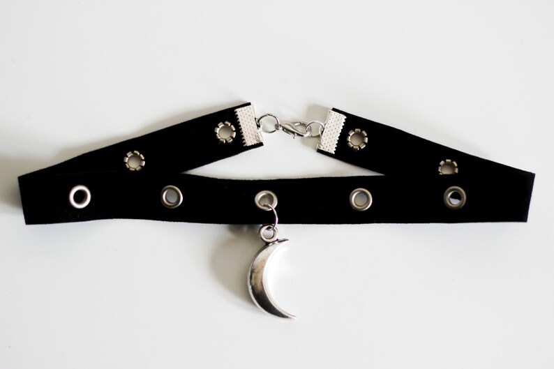 Handmade Black Velvet CHOKER Moon Silver Eyelets Necklace Punk Grunge Goth Gothic Alternative Shittyfucky