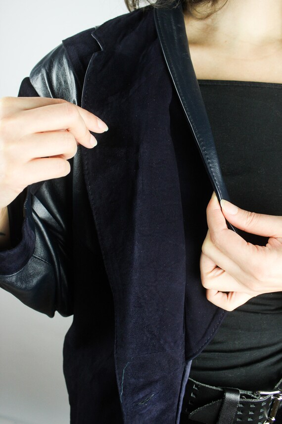 Vintage Darkblue Patchwork Leatherjacket, Dark 80… - image 5