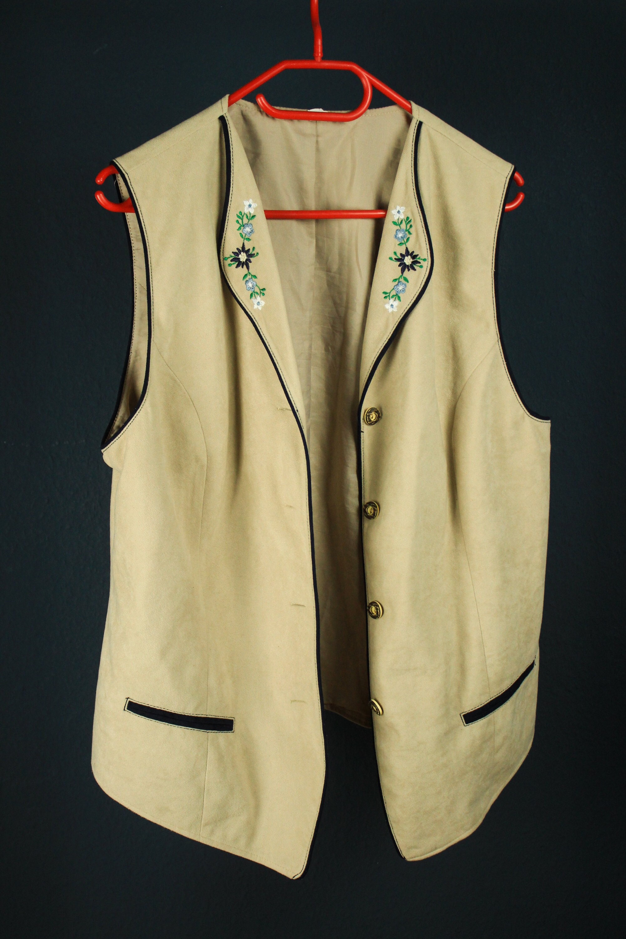 Vintage Beige Velvet Vest Floral Embroidery, Embroidered