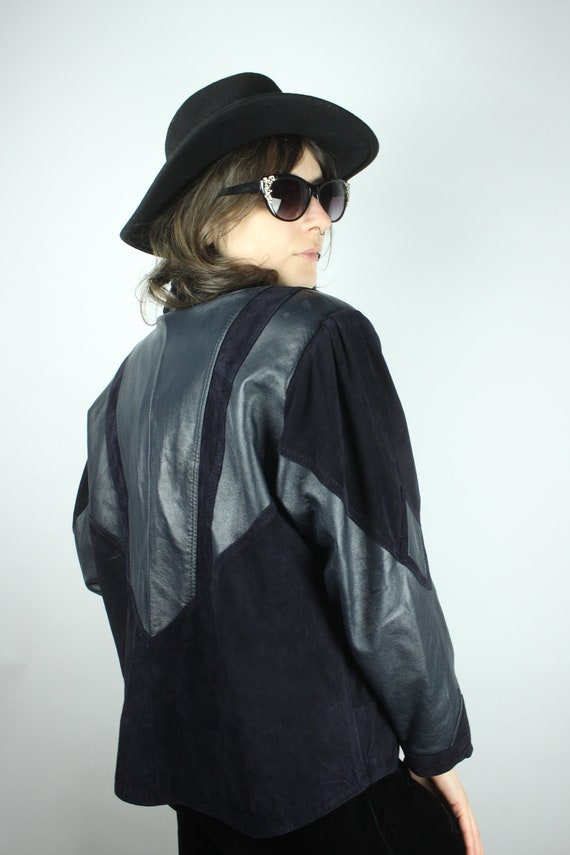 Vintage Darkblue Patchwork Leatherjacket, Dark 80… - image 7