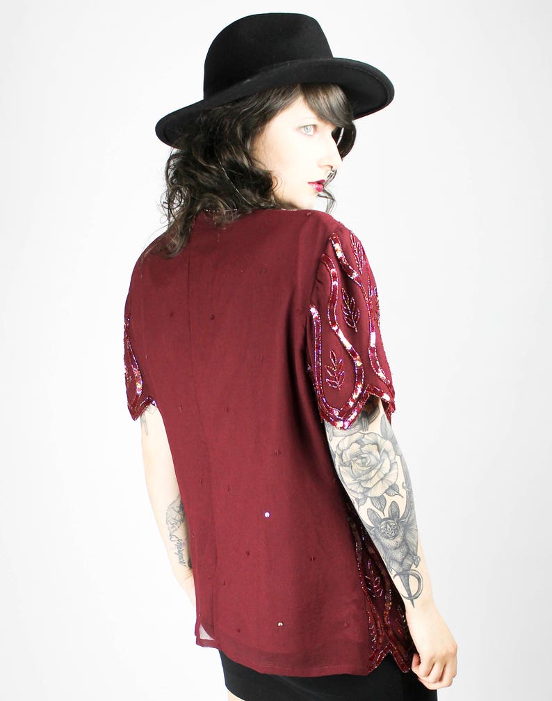 Vintage SEQUIN BLOUSE Bordeaux Dark Red Size L Shirt Sequins Glamour Glitter Shimmer Party Disco Shiny Chic Gothic Grunge 70s Alternative