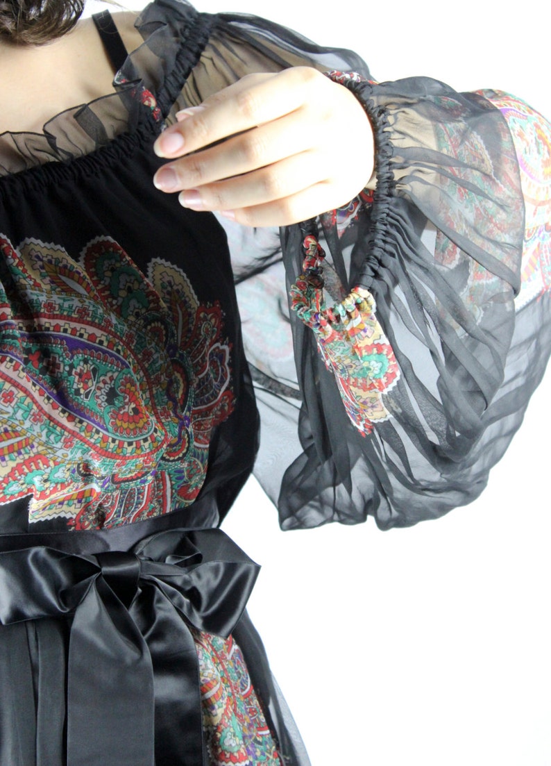 S Floral Pattern Chiffon Bow Transparent Sheer Hippie Boho Folk Festival Gypsy Colorful Print Dress Black Vintage 70s Maxi Dress PAISLEY