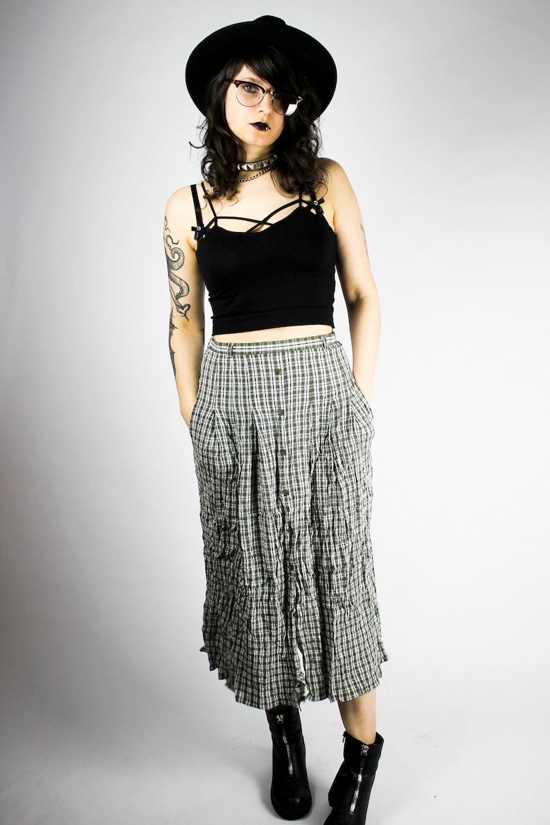 Vintage Black White Plaid Midiskirt Vichy Checkered Long Skirt UK12 Buttons Grunge Alternative Unique Cute Gothic Pastel Goth