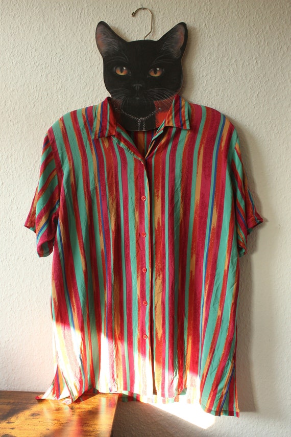 Vintage Striped Silk Blouse M, Button Down Shirt Colorful Stripes, Genderneutral Top Brushed Lines Artistic