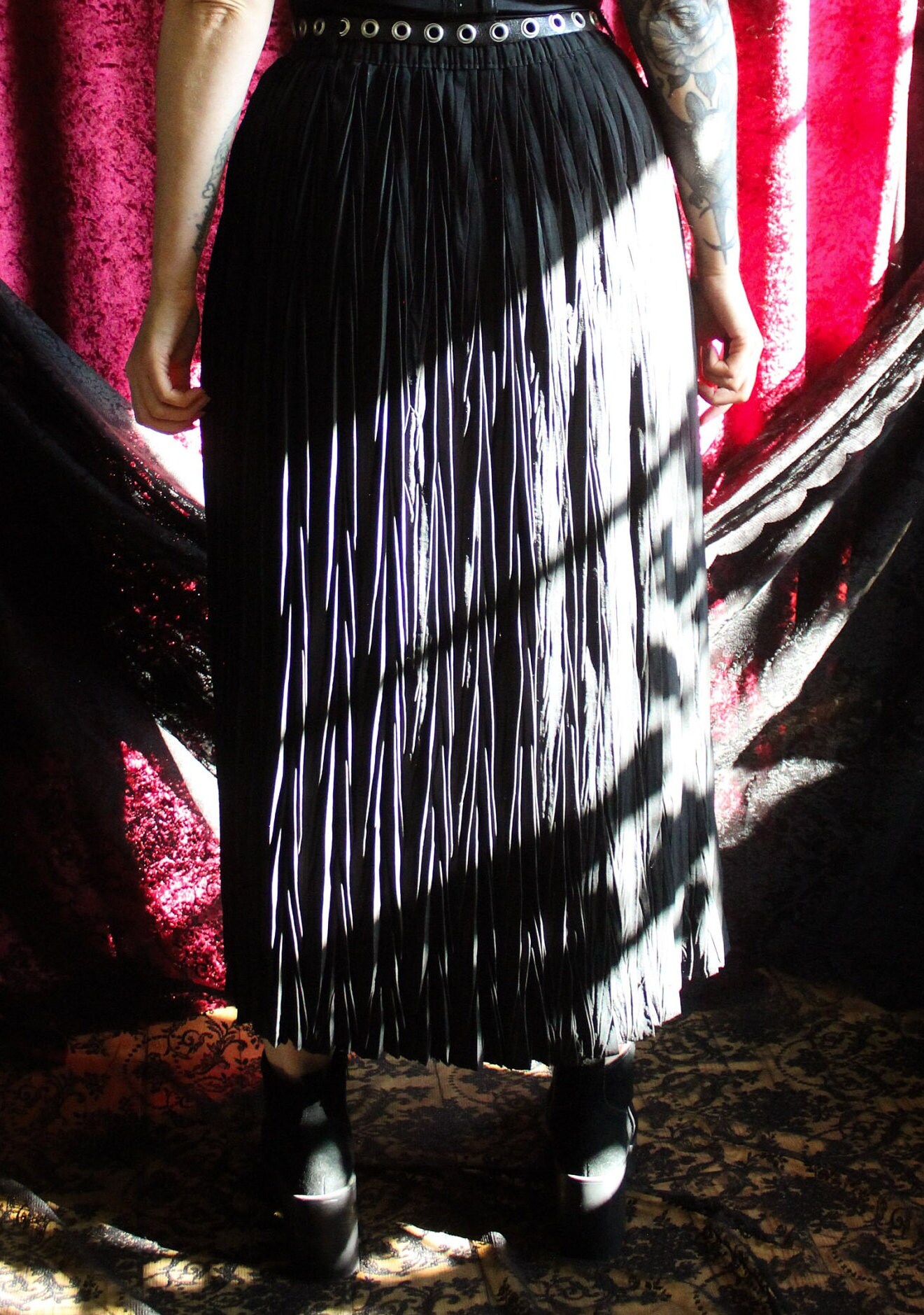 Vintage Black Pleated Skirt S, 80s 90s Crinkle Skirt, Dark