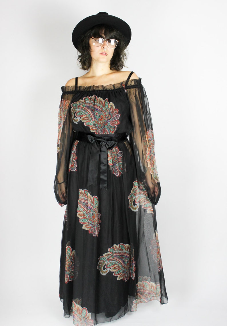 S Floral Pattern Chiffon Bow Transparent Sheer Hippie Boho Folk Festival Gypsy Colorful Print Dress Black Vintage 70s Maxi Dress PAISLEY