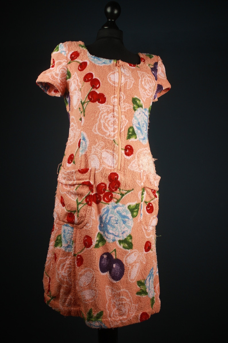 Vintage Rena Lange Towel Dress, Cherries Floral Pattern, 60s 70s Pin Up Beach Wear, Terry Cloth image 1
