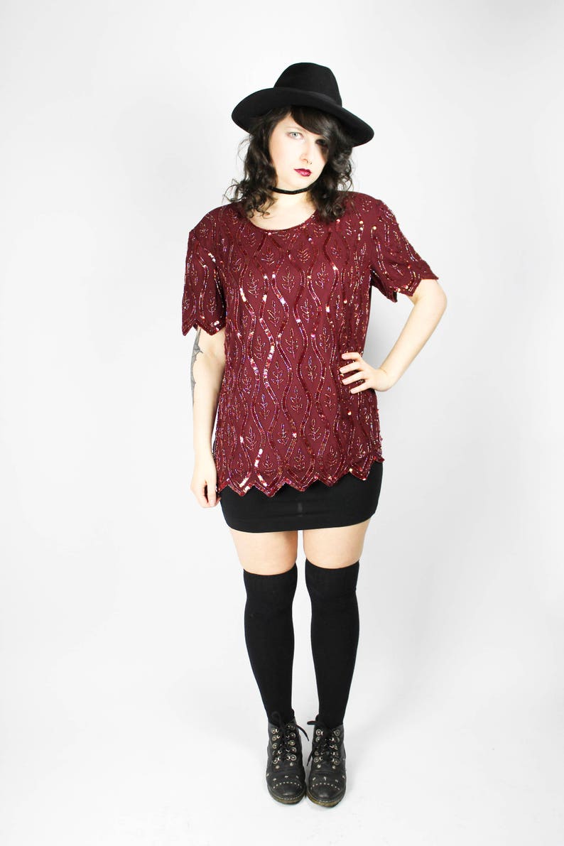 Vintage SEQUIN BLOUSE Bordeaux Dark Red Size L Shirt Sequins Glamour Glitter Shimmer Party Disco Shiny Chic Gothic Grunge 70s Alternative