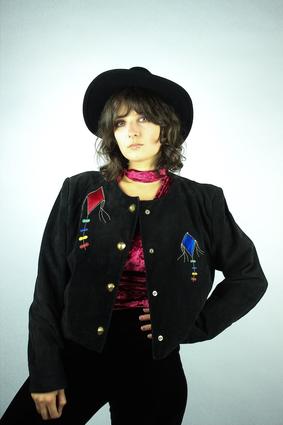 Vintage DINO'Z Leatherjacket M, Suede Jacket Kites Applications, Extravagant Clothing 80s 90s