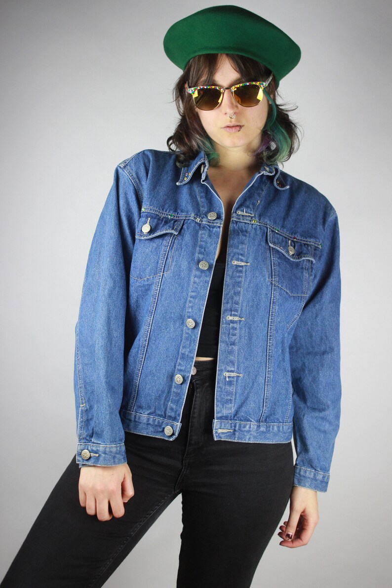 Vintage Denim Jacket Colorful Rhinestones, Embellished Blue Denim Jacket Rivets, 80s 90s image 7