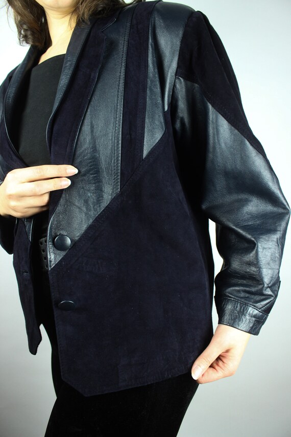 Vintage Darkblue Patchwork Leatherjacket, Dark 80… - image 3