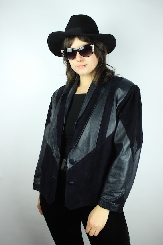 Vintage Darkblue Patchwork Leatherjacket, Dark 80… - image 4