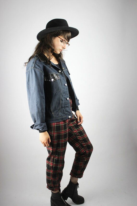 SML RENEWED VINTAGE Denim Vest All Eyes On Me Green Dyed Acid Washed Gold Fringe Oversize Grunge Punk Alternative Unique