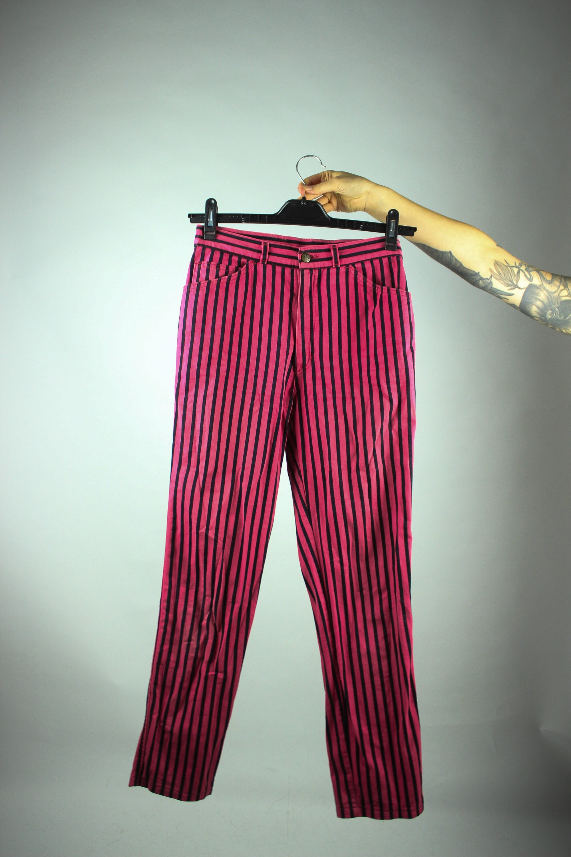 Vintage Black Pink Striped Pants S, Highwaisted Colorful Vintage Black Pink Striped Pants S, Highwaisted Colorful