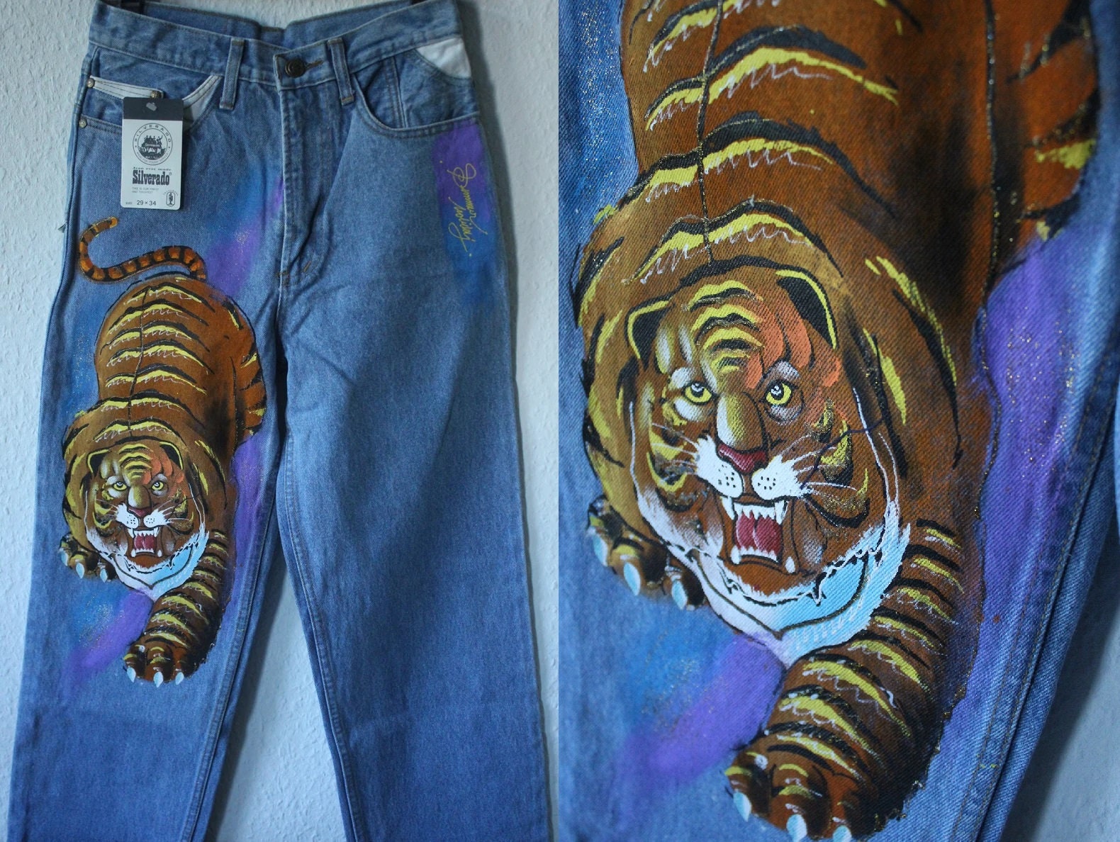 Fyrretræ animation Beroligende middel Vintage Handpainted Tiger Jeans 29/34 Deadstock Silverado - Etsy Ireland