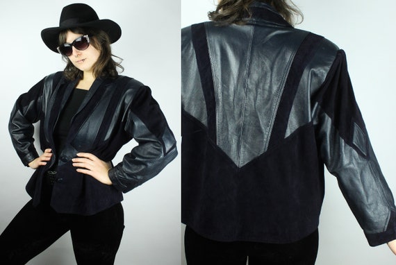 Vintage Darkblue Patchwork Leatherjacket, Dark 80… - image 1