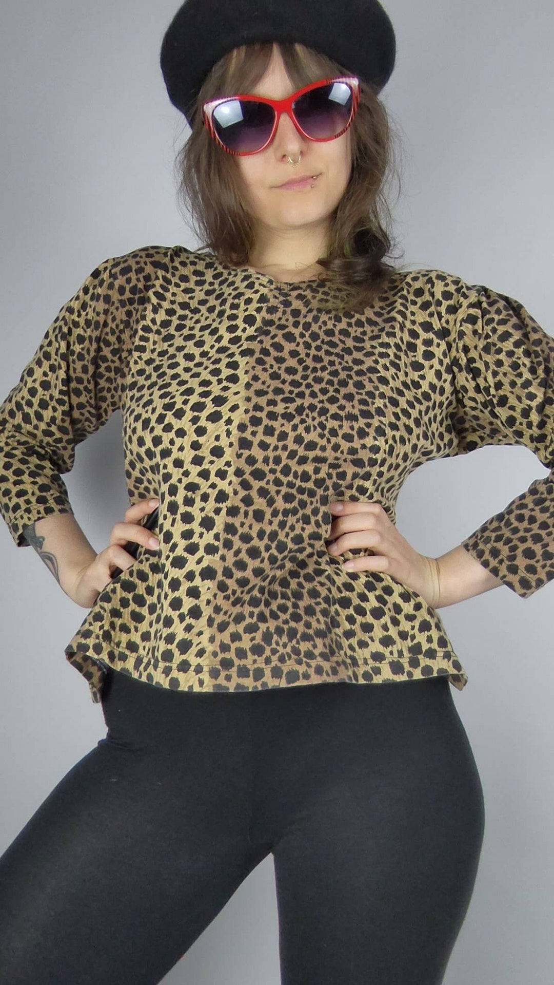 トップス 80's 90's Vintage Leopard Shirts Vintage Leopard Shirt L, Animal Print Stretch Top, 90s Leo