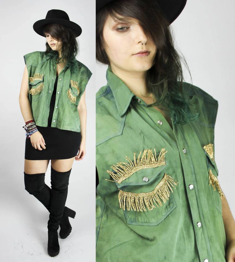 SML RENEWED VINTAGE Denim Vest All Eyes On Me Green Dyed Acid Washed Gold Fringe Oversize Grunge Punk Alternative Unique
