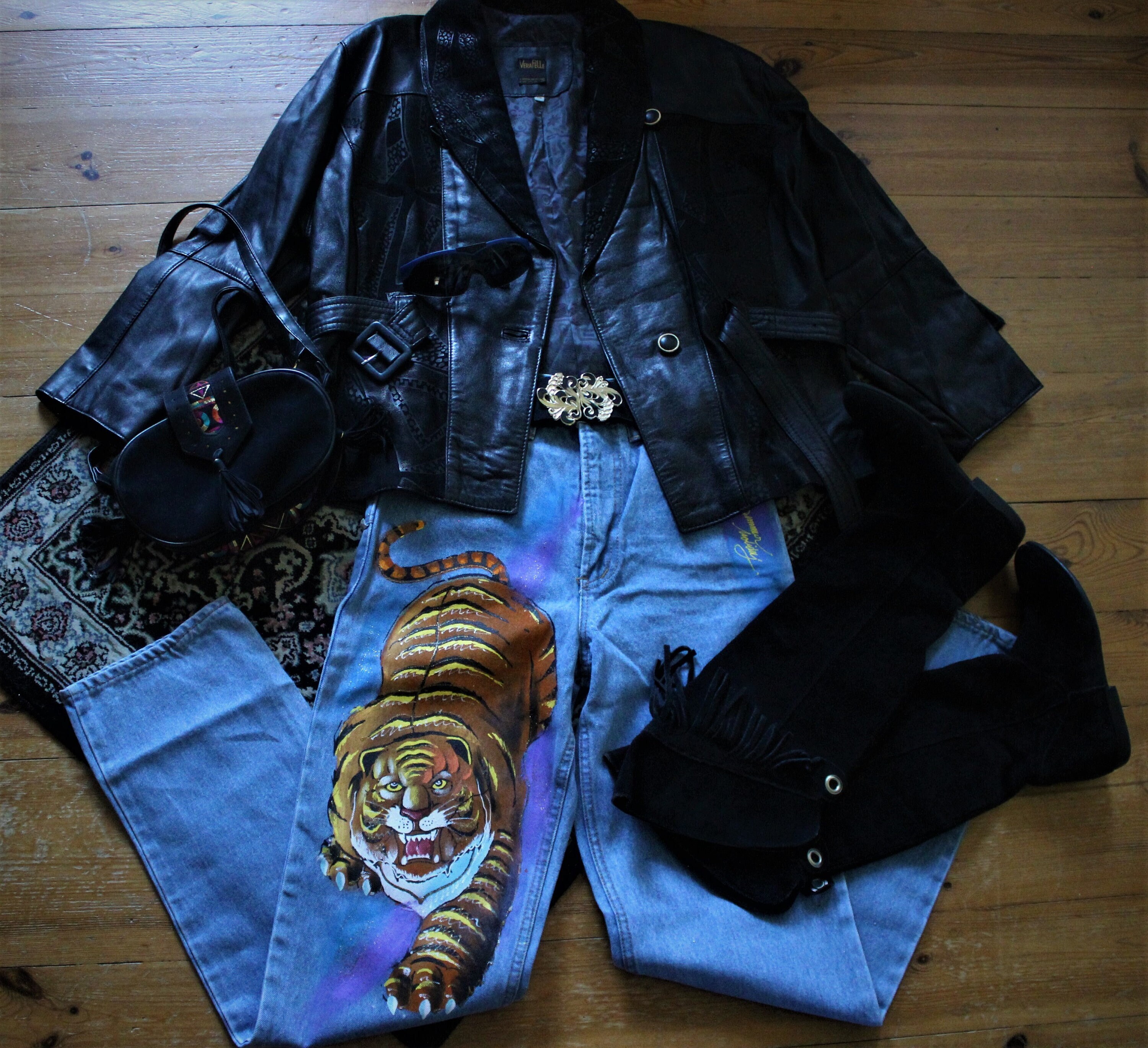 1990s Armani Tiger Print Faded Charcoal Black Jeans - Size